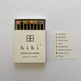 Box of hibi incense sticks with a list of scents on a white background